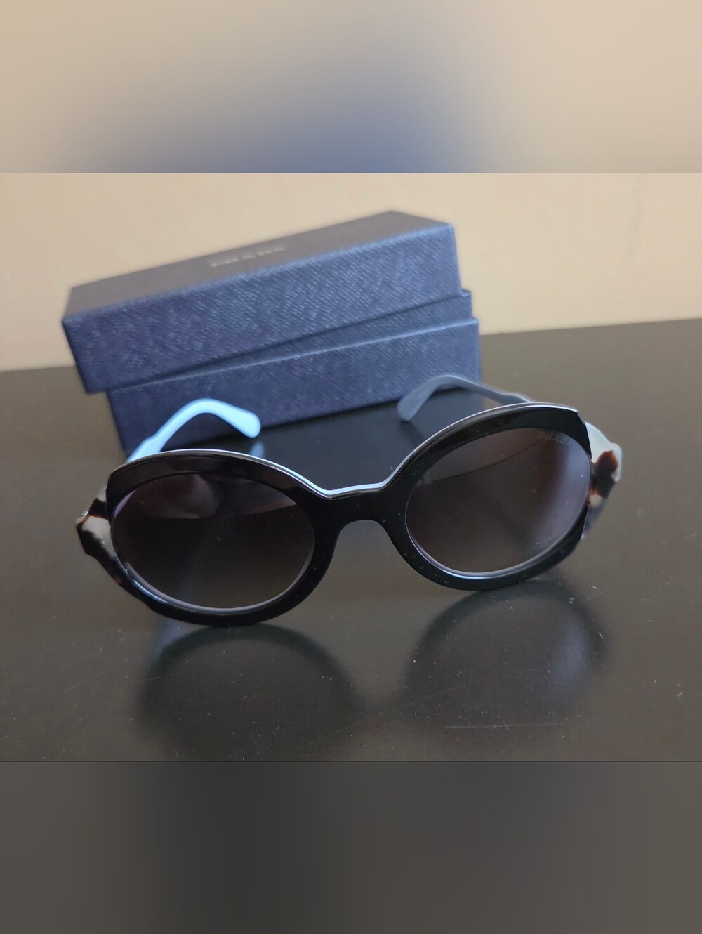 PRADA Heritage Round Sunglasses SPR 17US Top Black Azure Tortoise New Box